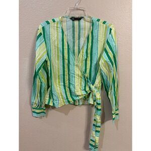 Zara Wrap Blouse Women S Green Striped Long Sleeve Cotton V-Neck Excellent